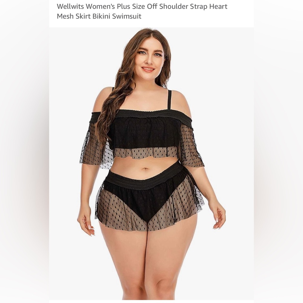 Off Shoulder Strap Heart Mesh Skirt Bikini Swimsuit - PLUS SIZE